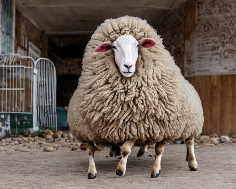 Wooly sheep in rustic stable entrance