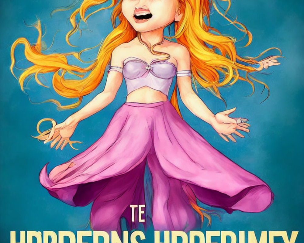 Animated girl with golden hair and blue eyes superimposed over obscured text