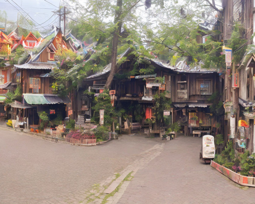 Traditional wooden architecture in misty village street with lush greenery