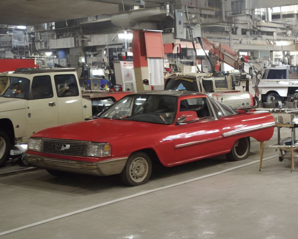 Vintage Red Car Parked in Industrial Garage with Machinery