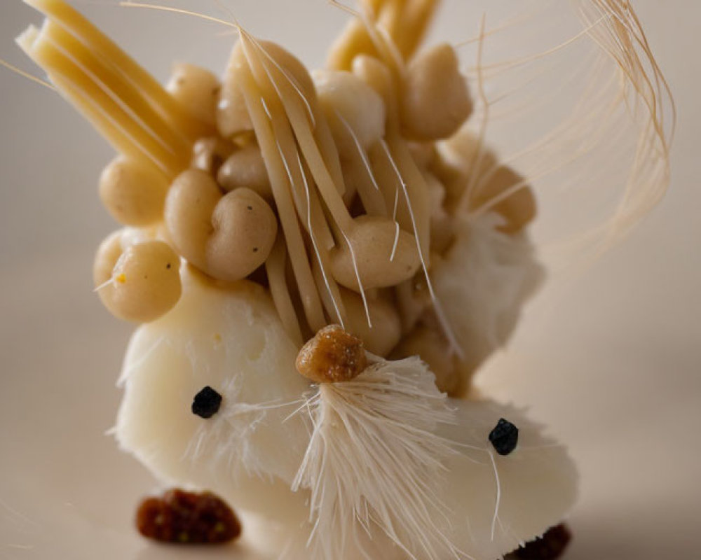 Cream-Colored Mousse Dessert with Spun Sugar and Crisp Garnishes on White Plate