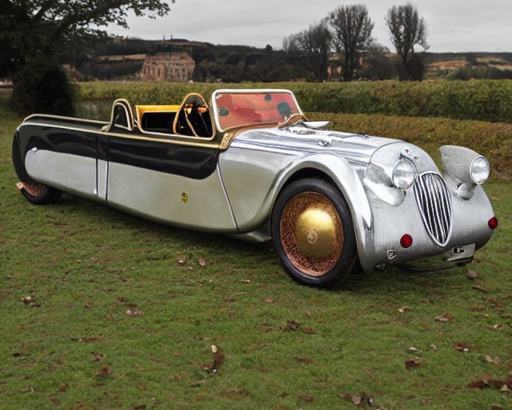 Vintage Silver Car with Golden Headlights Parked on Grass Field