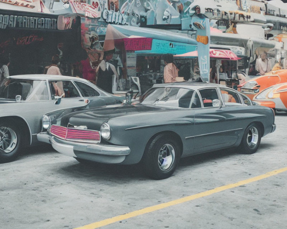 Classic cars at retro venue with graffiti and old signage.