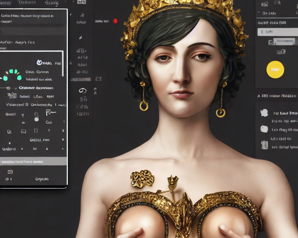 Digital art: Female figure with gold crown and jewelry in 3D software interface