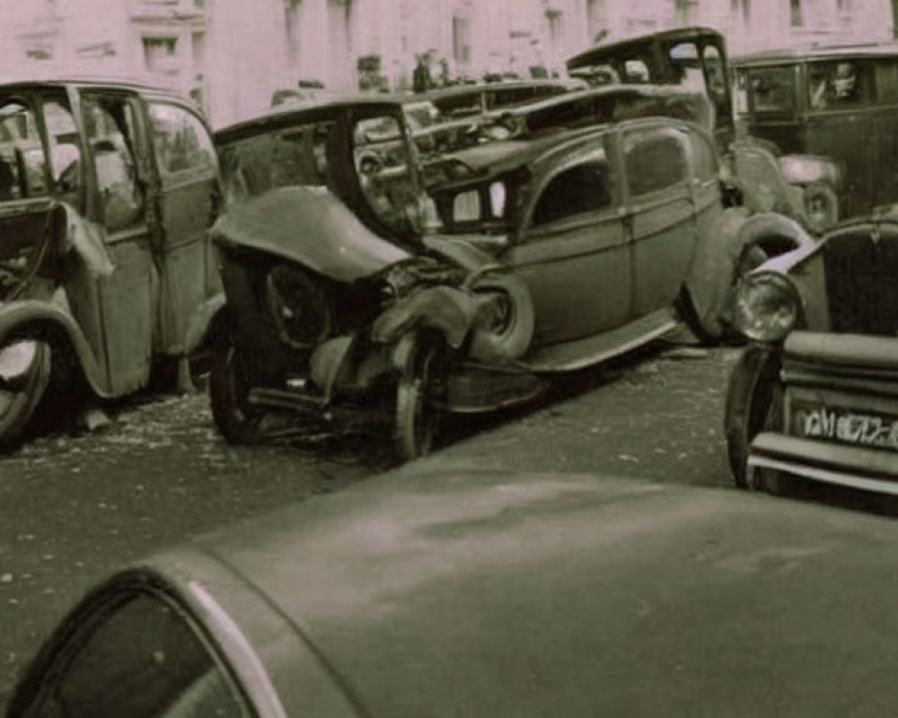 Chaotic vintage car pile-up on city street with visible wreckage