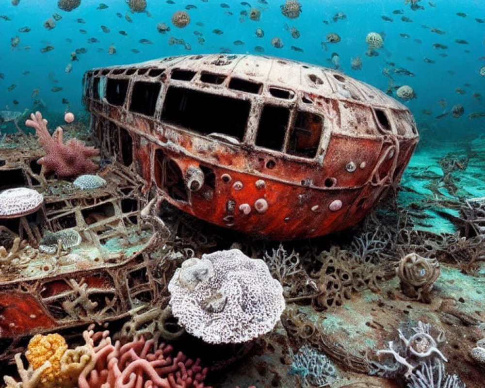 Coral-covered sunken airplane with fish on ocean floor