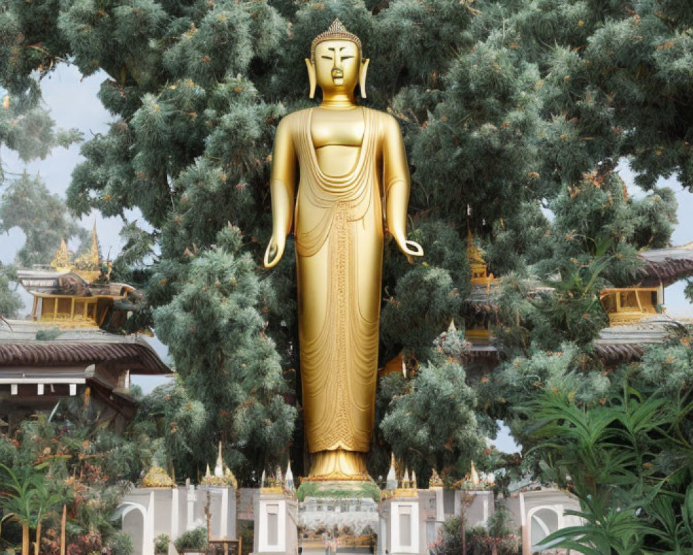 Golden Buddha statue in serene temple courtyard surrounded by greenery