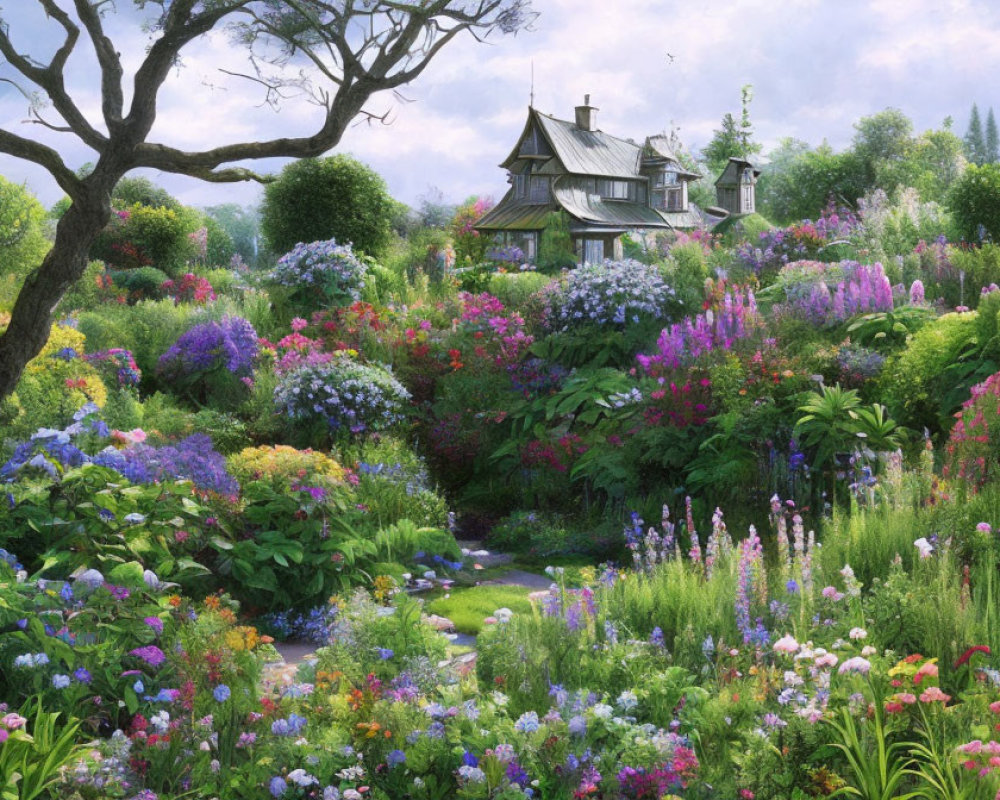 Colorful Flower Garden Surrounding Quaint Cottage