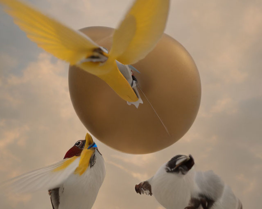 Three birds flying around a large golden orb in cloudy sky.