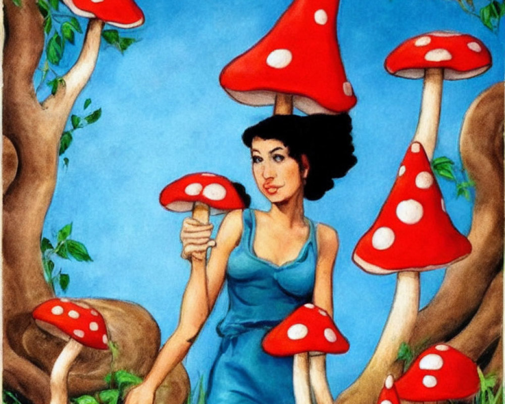 Illustration of Woman in Blue Dress Surrounded by Spotted Mushrooms in Vibrant Forest