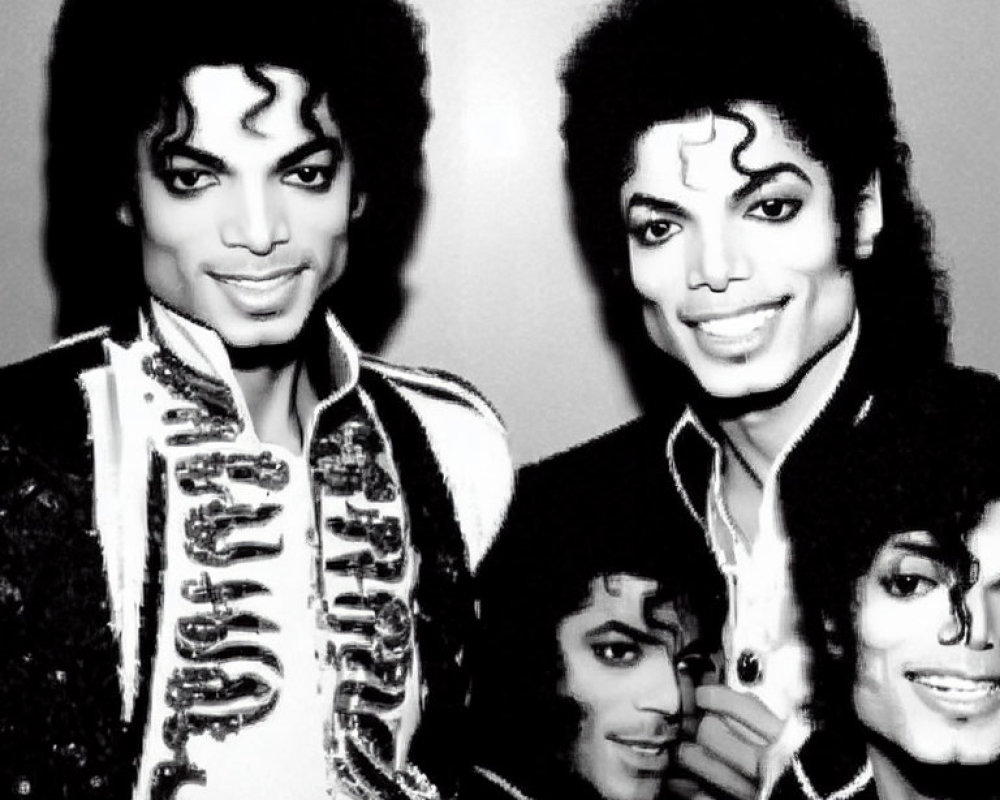 Monochrome photo collage: man with curly hair, decorated jacket, soft smile