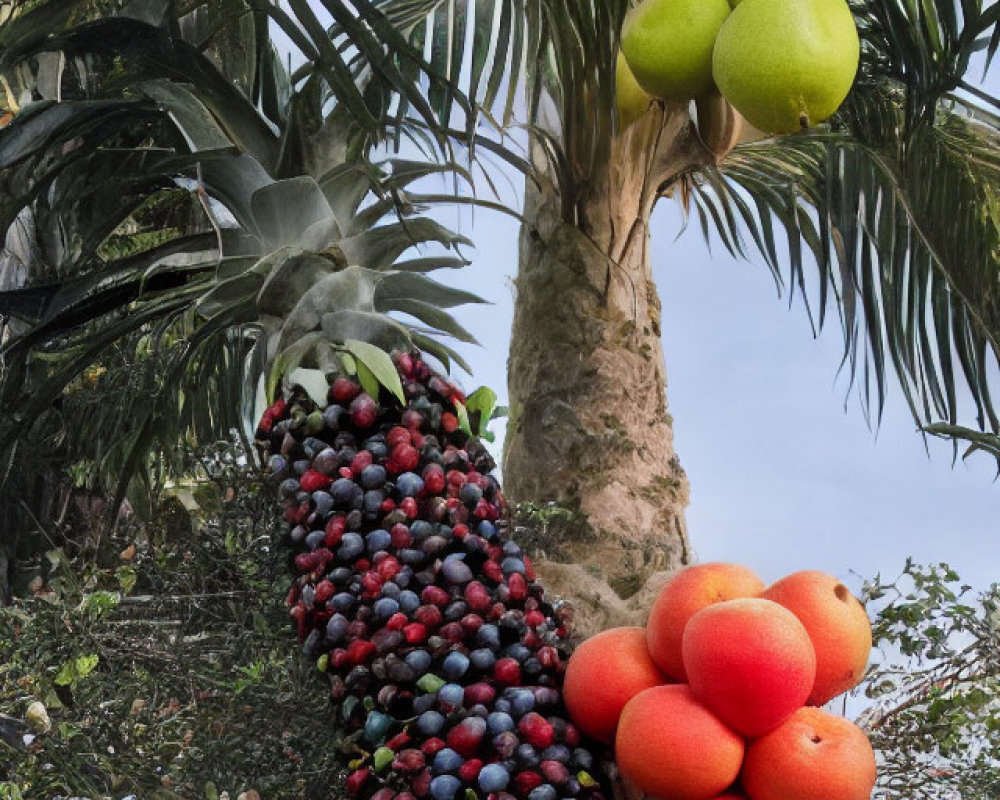 Colorful Fruit Adorned Palm Tree with Coconuts