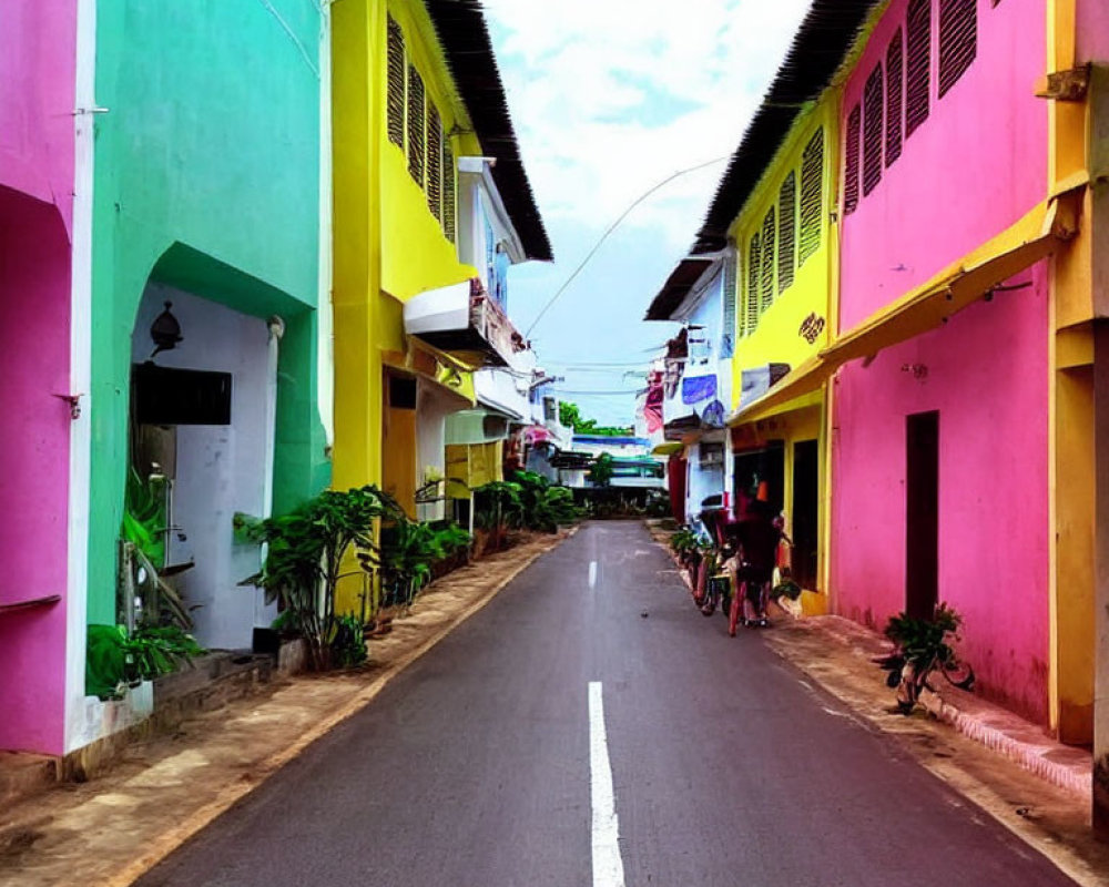 Colorful Street with Pink, Yellow, and Green Houses and Bicycles