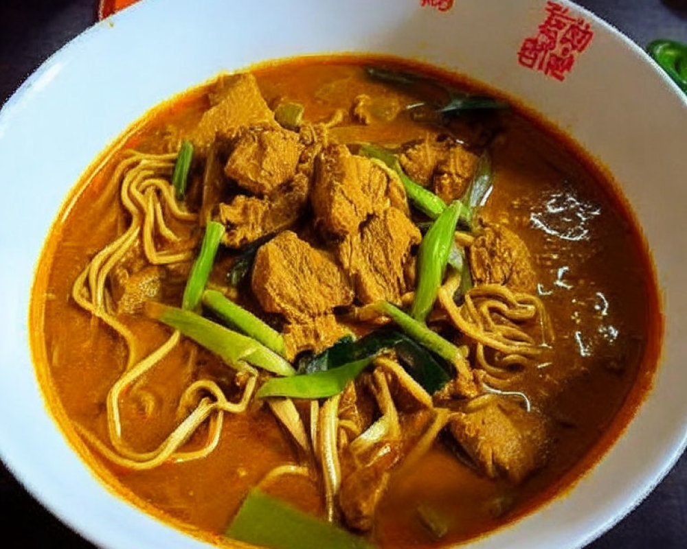 Savory noodle soup with meat chunks and green onions in rich broth