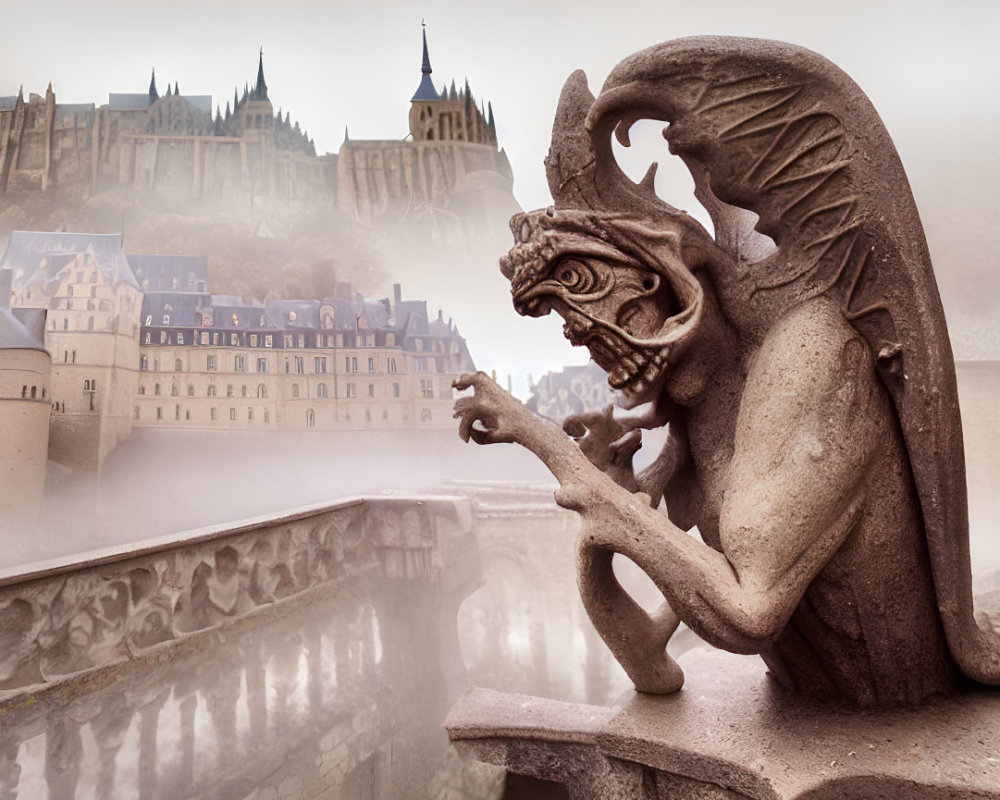 Stone gargoyle at foggy Mont Saint-Michel Abbey with sepia filter