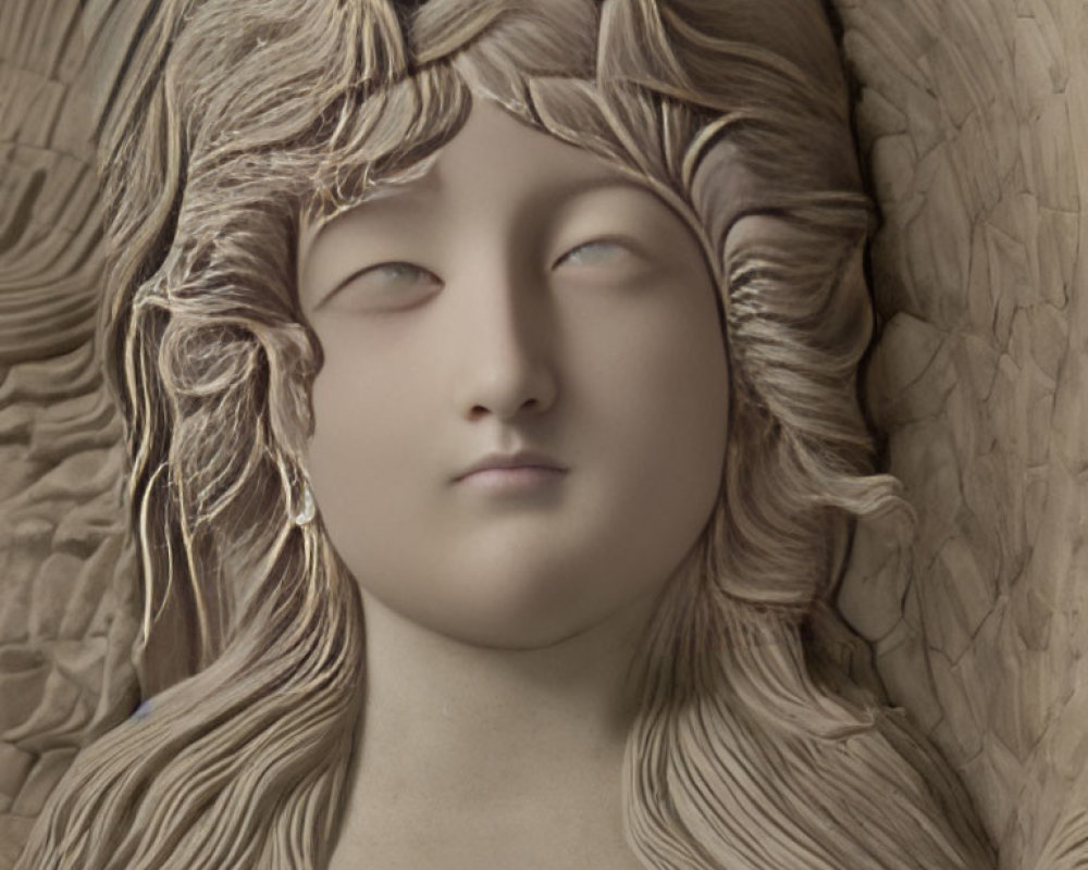 Detailed sculpture of female figure with wavy hair and serene expression