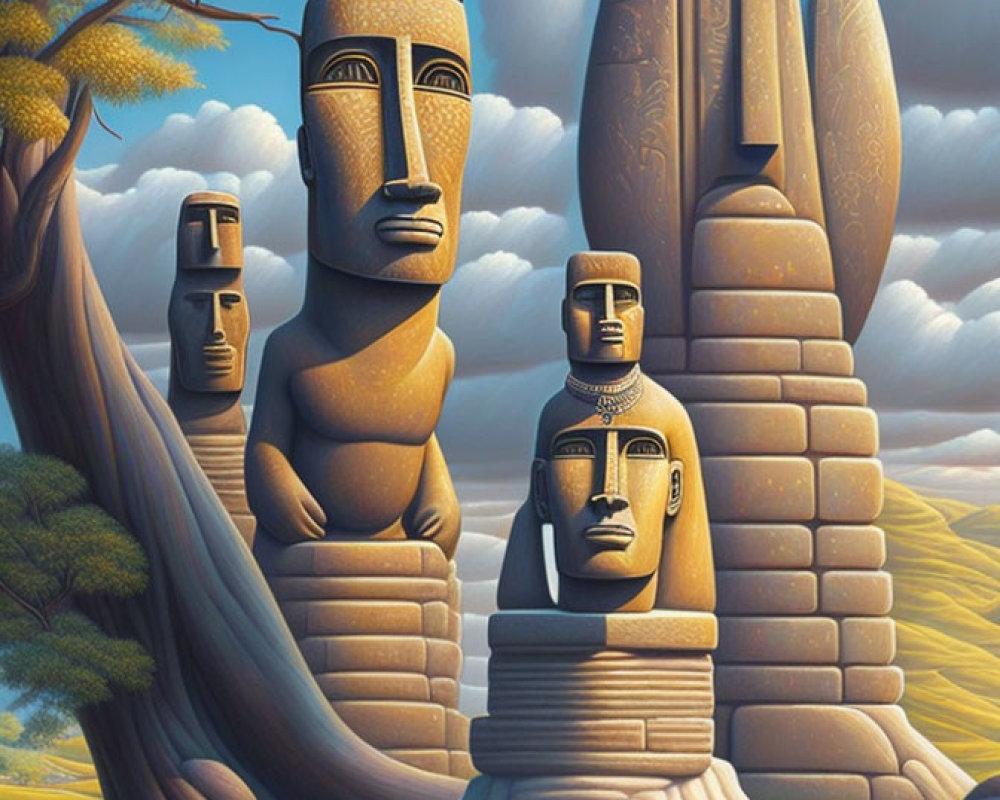 Surreal Artwork: Stylized Moai Statues in Golden Landscape