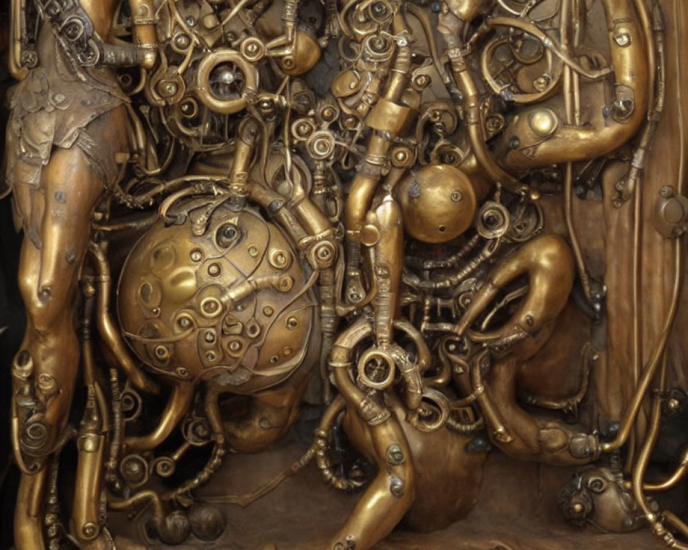 Steampunk-inspired sculpture with intricate mechanical parts and gears in organic forms