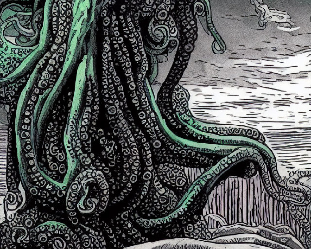 Detailed black and white drawing of massive octopus emerging from sea near cliff