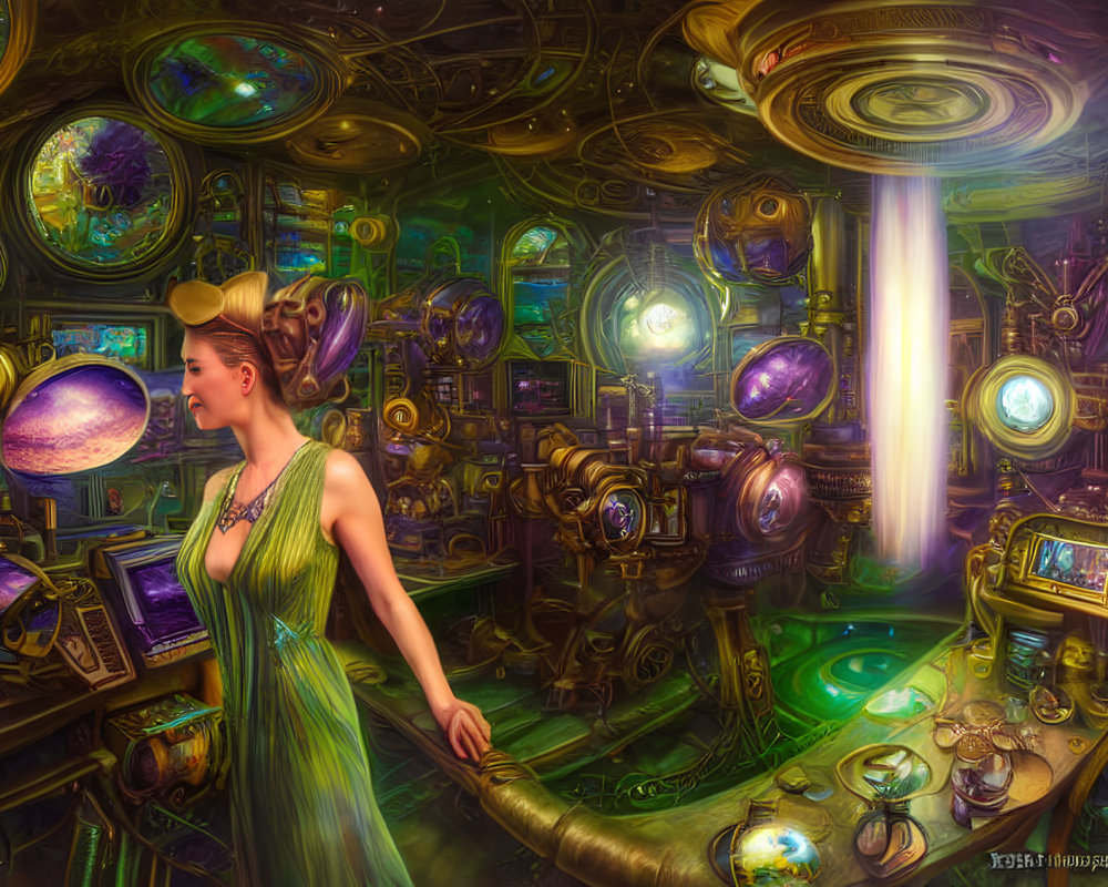 Woman in green dress in steampunk control room with brass gears & machinery