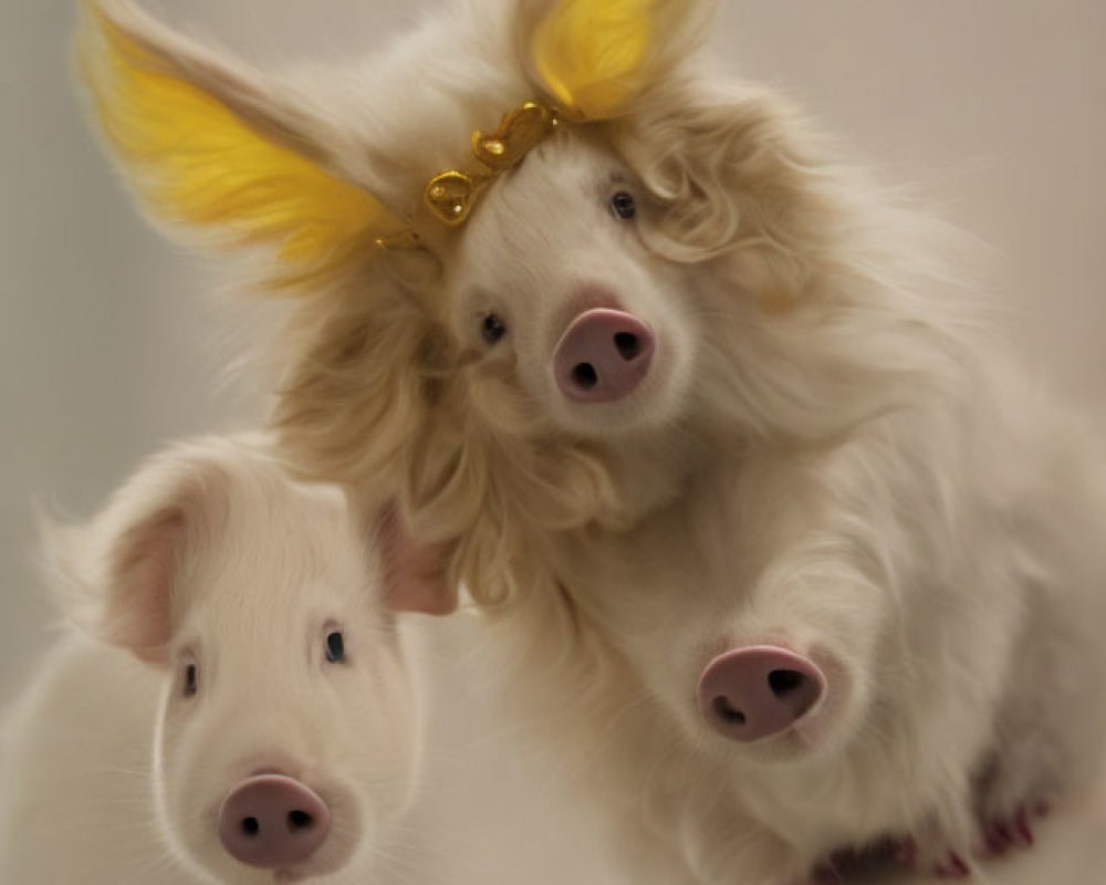 Two pigs with crown and calm pose in soft focus background