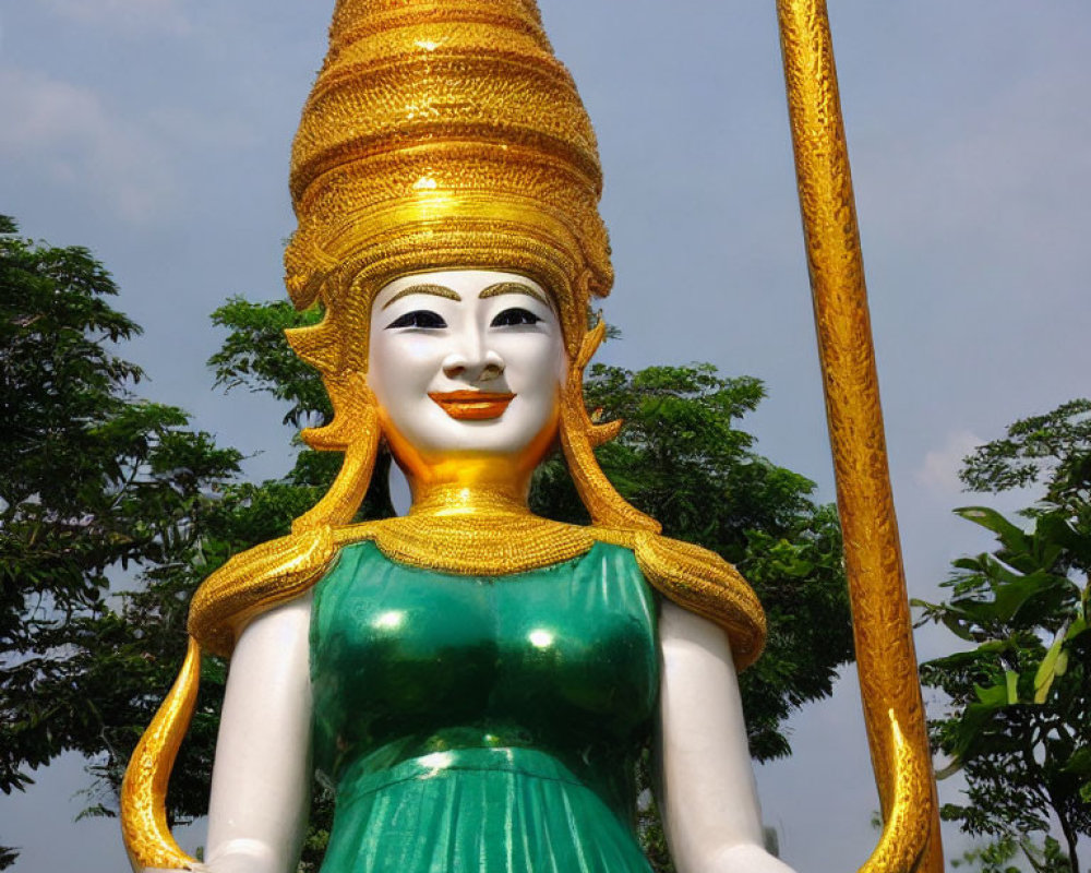 Colorful female statue with golden crown and staff, green dress, under sky.