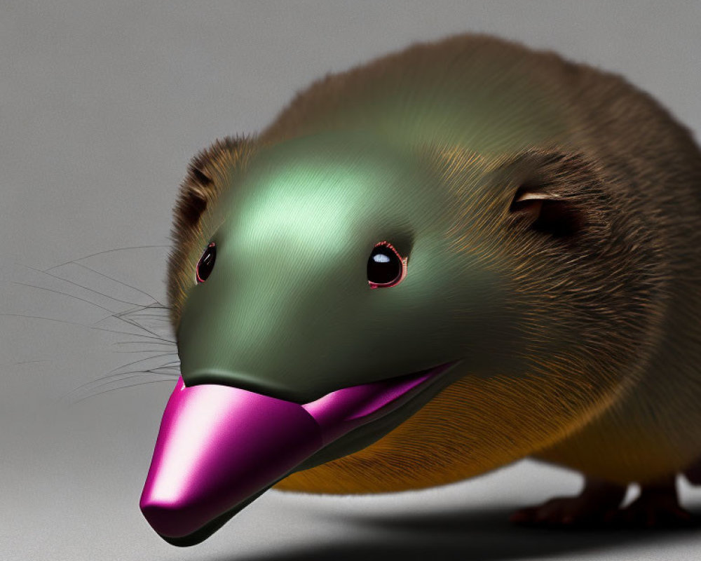 Stylized digital artwork: Glossy metallic animal with pink beak & black eyes