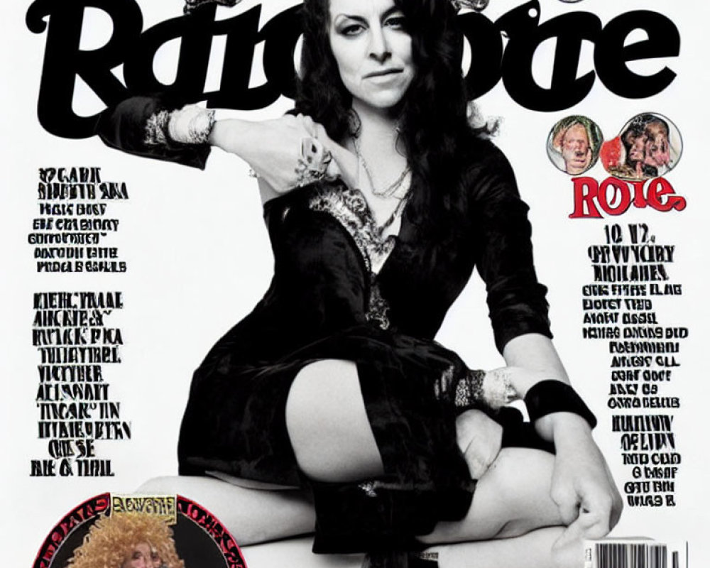 Person sitting on Rolling Stone magazine cover with crossed legs and various headlines.