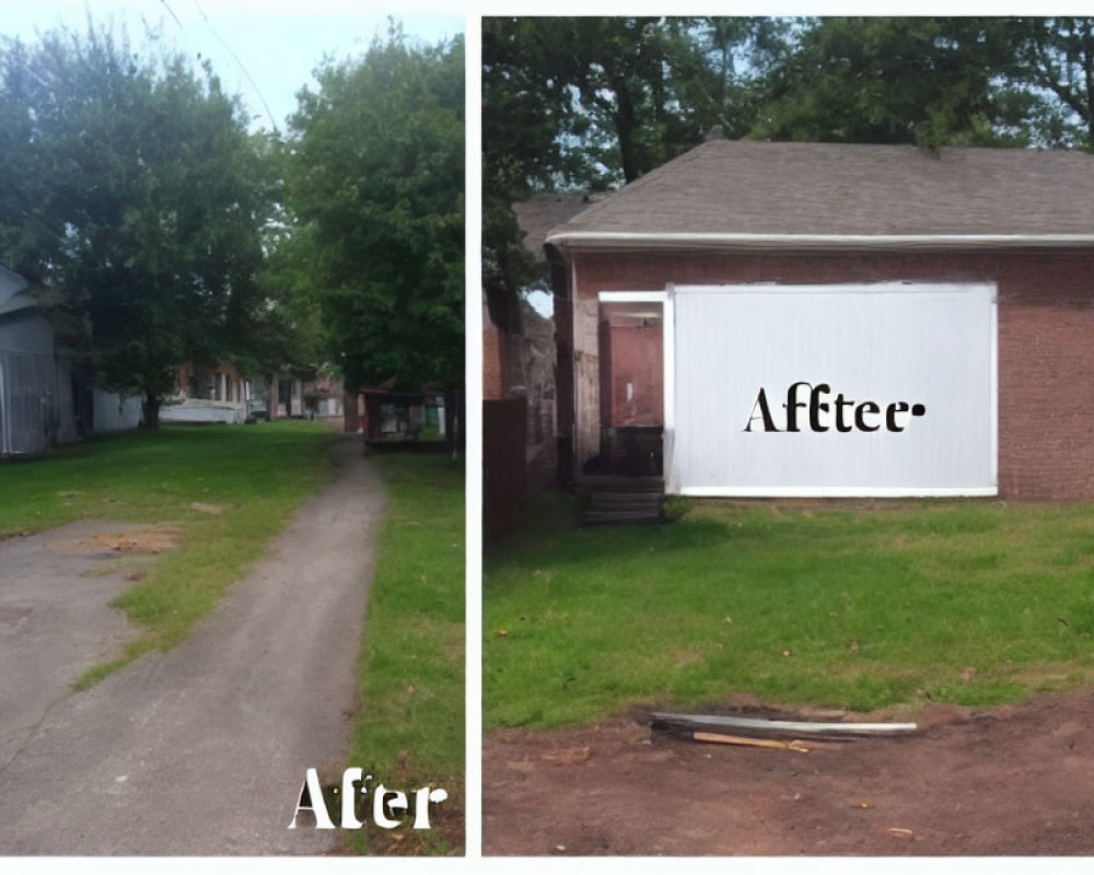 Outdoor area transformation: Pathway & houses on the left, misspelled "After" on the