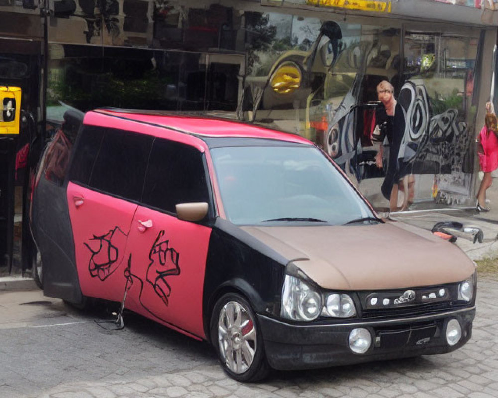 Black and Pink Sneaker-Inspired Car Parked in Front of Shoe-Themed Store