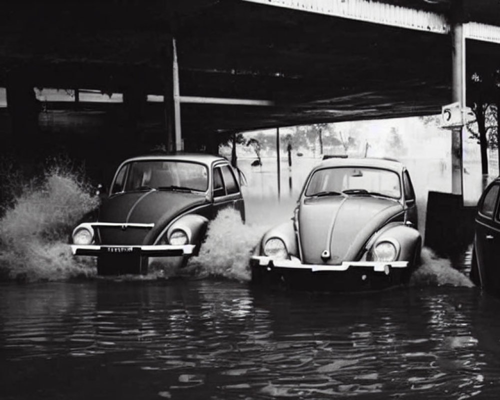 Classic cars navigating flooded underpass with water halfway up.