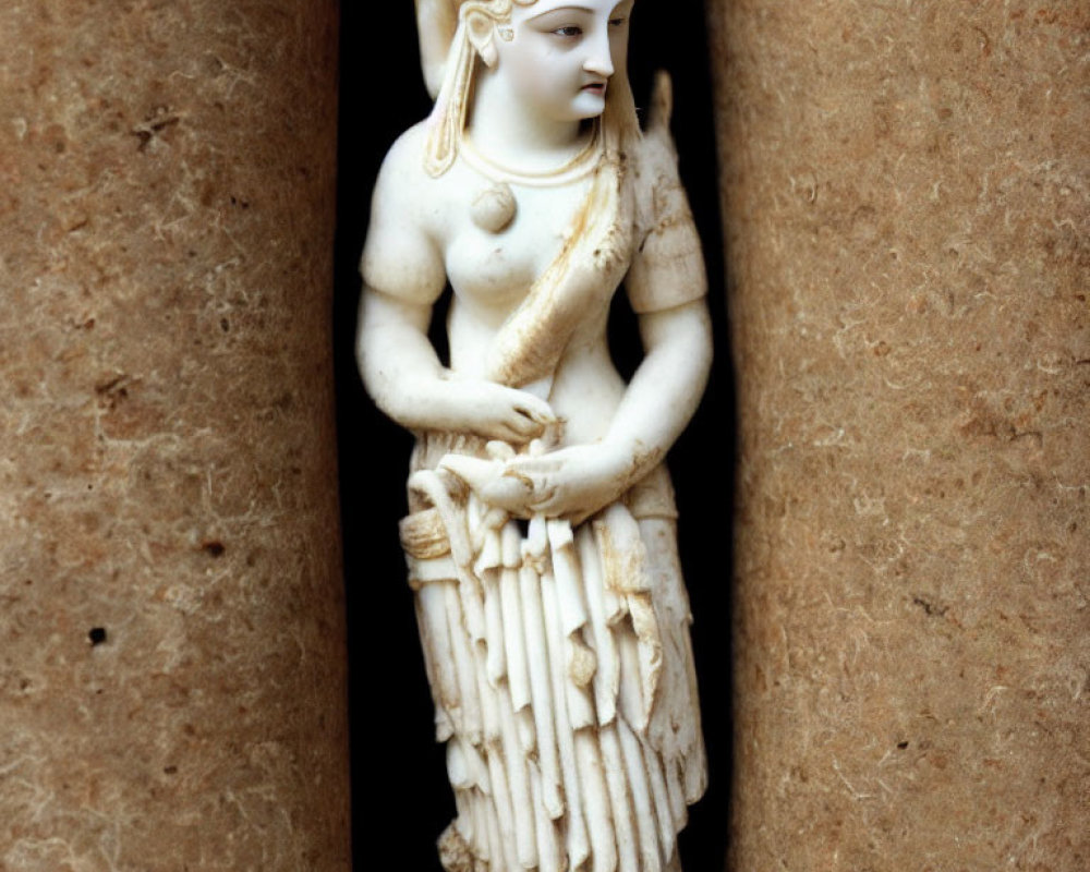 Intricately Carved Ivory Statue Between Two Large Cylindrical Stones