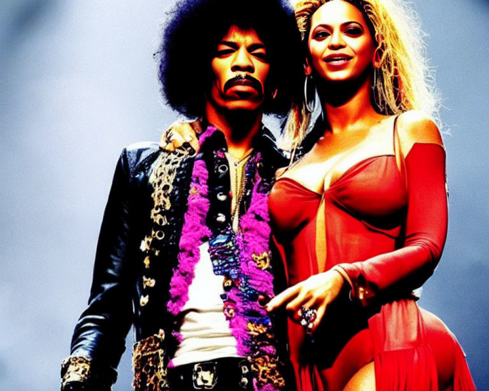 Two individuals on stage with purple scarf and afro, and red outfit, showing strong stage presence