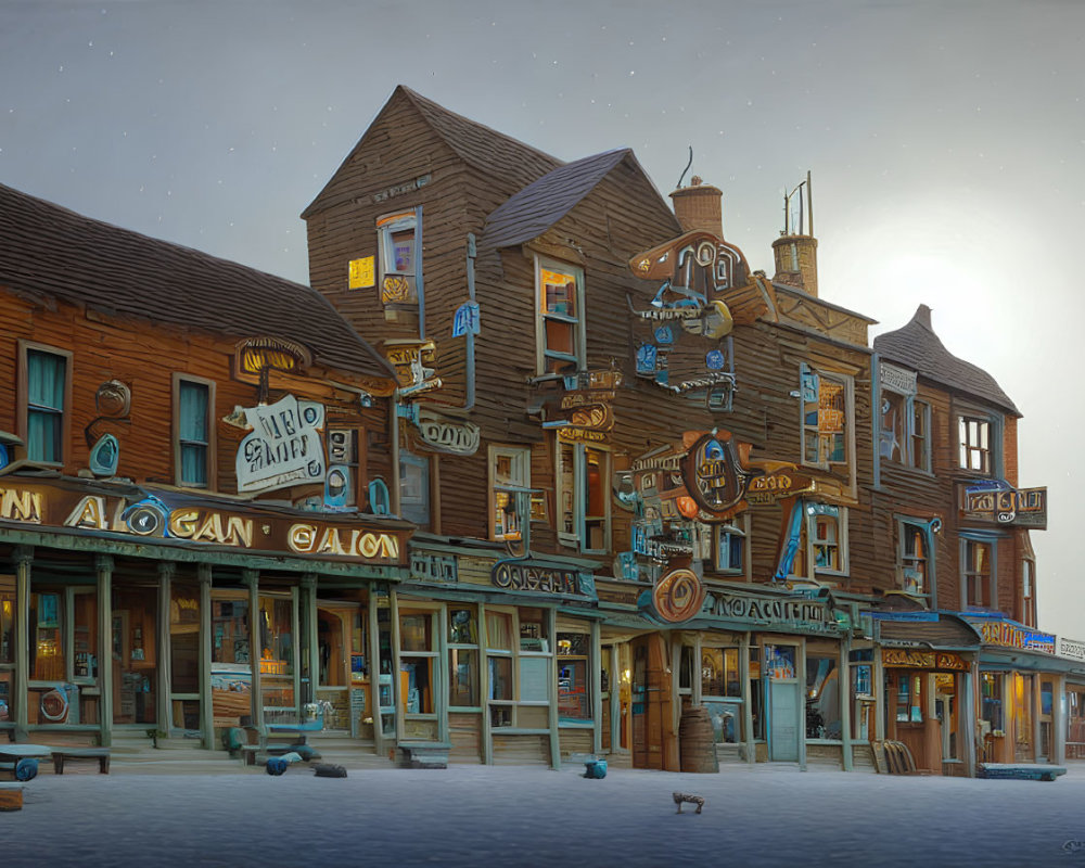 Historic Wild West town: Twilight scene with wooden buildings and vibrant signs.