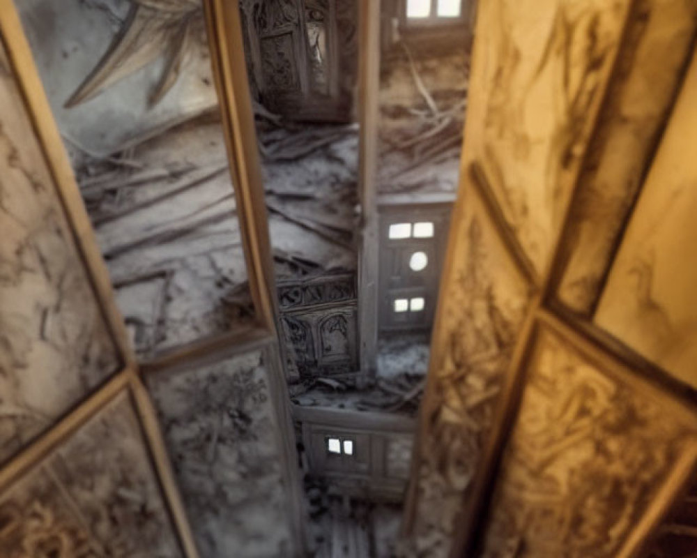 Abandoned room with ornate wall decorations and fallen debris