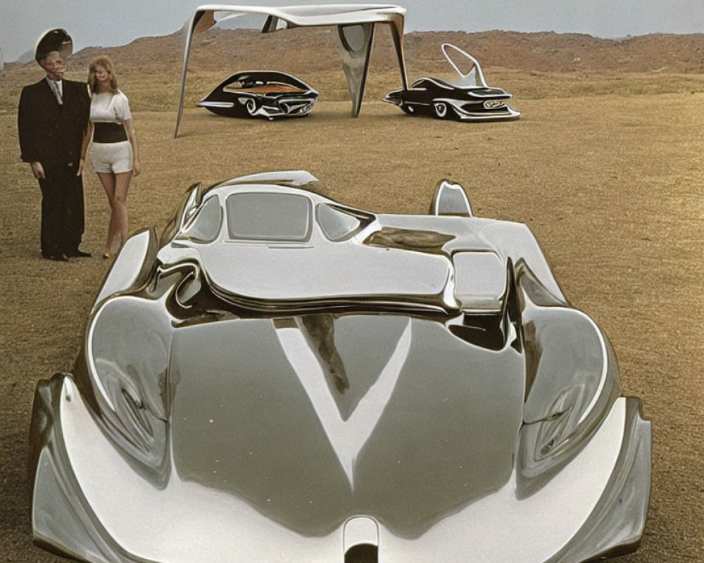 Man and woman with futuristic concept cars in desert setting