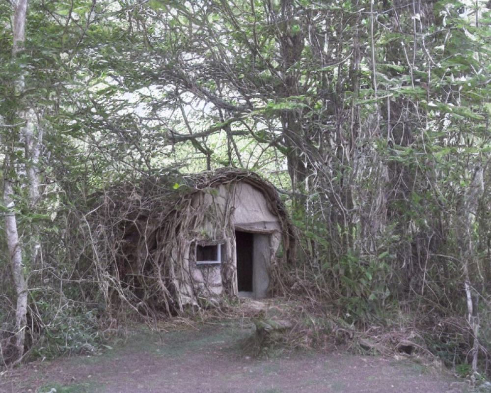 Small Thatched Hut in Leafy Forest with Blurred Details