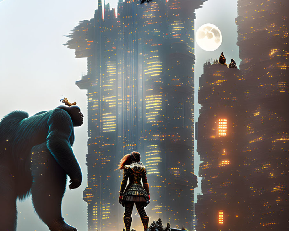 Girl on rooftop gazes at giant ape in futuristic cityscape