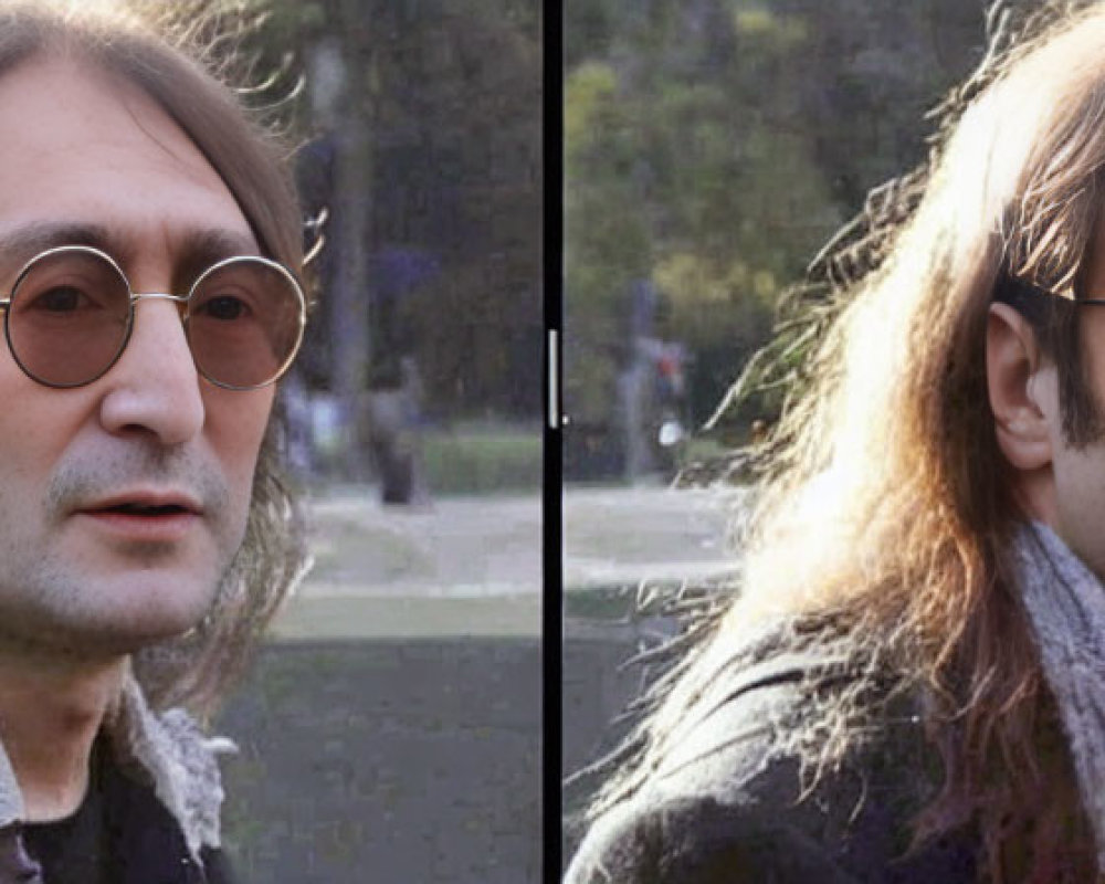 Side-by-side comparison of two images: person with long hair and round glasses, one with enhanced colors