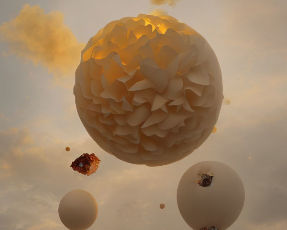 Surreal floating spheres with textured flower bulbs under cloudy sunset sky