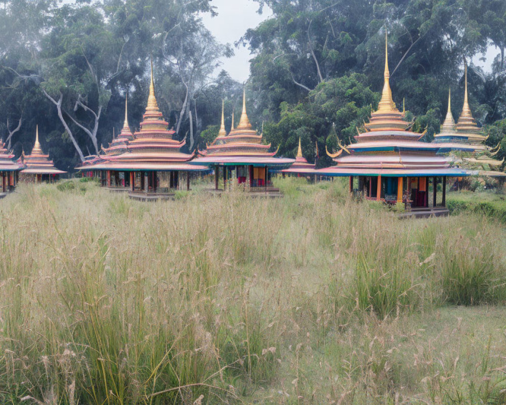 Tiered, ornate roofs in forest setting with serene atmosphere