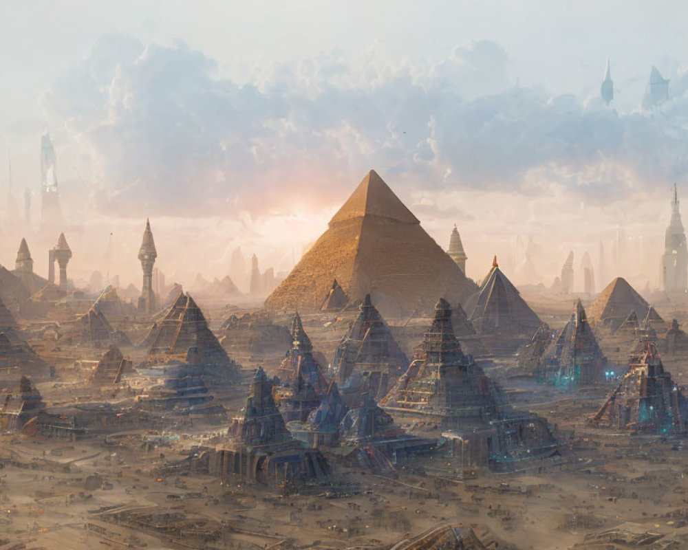 Fantastical cityscape: Ancient Egyptian pyramids meet futuristic towers