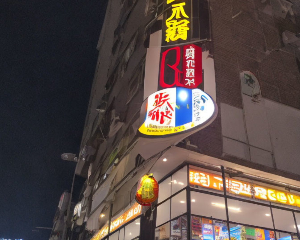 Vibrant neon-lit street scene with foreign script signs and vertical red and yellow sign