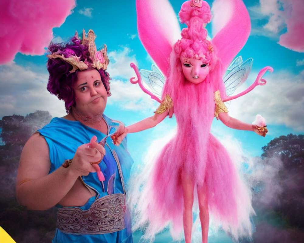 Person in costume next to fantastical pink fairy in whimsical sky scene