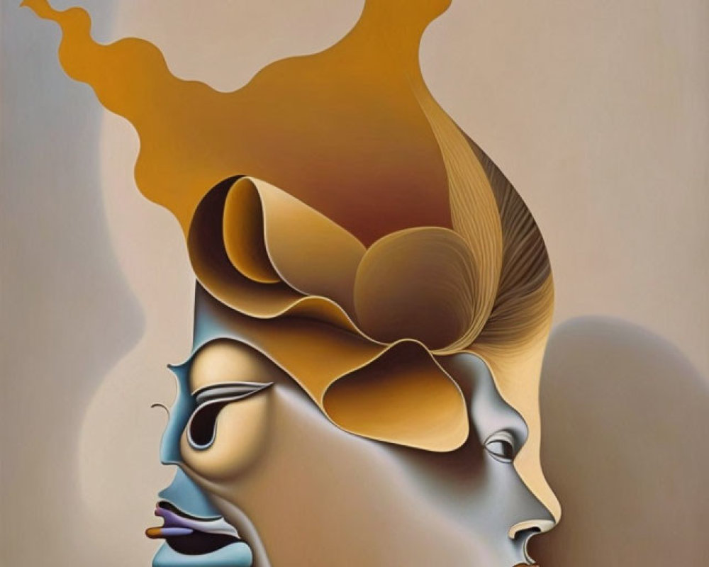 Surreal painting of blended faces and profiles creating depth