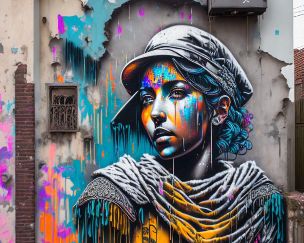 Colorful Street Art Mural of Person with Cap and Shawl