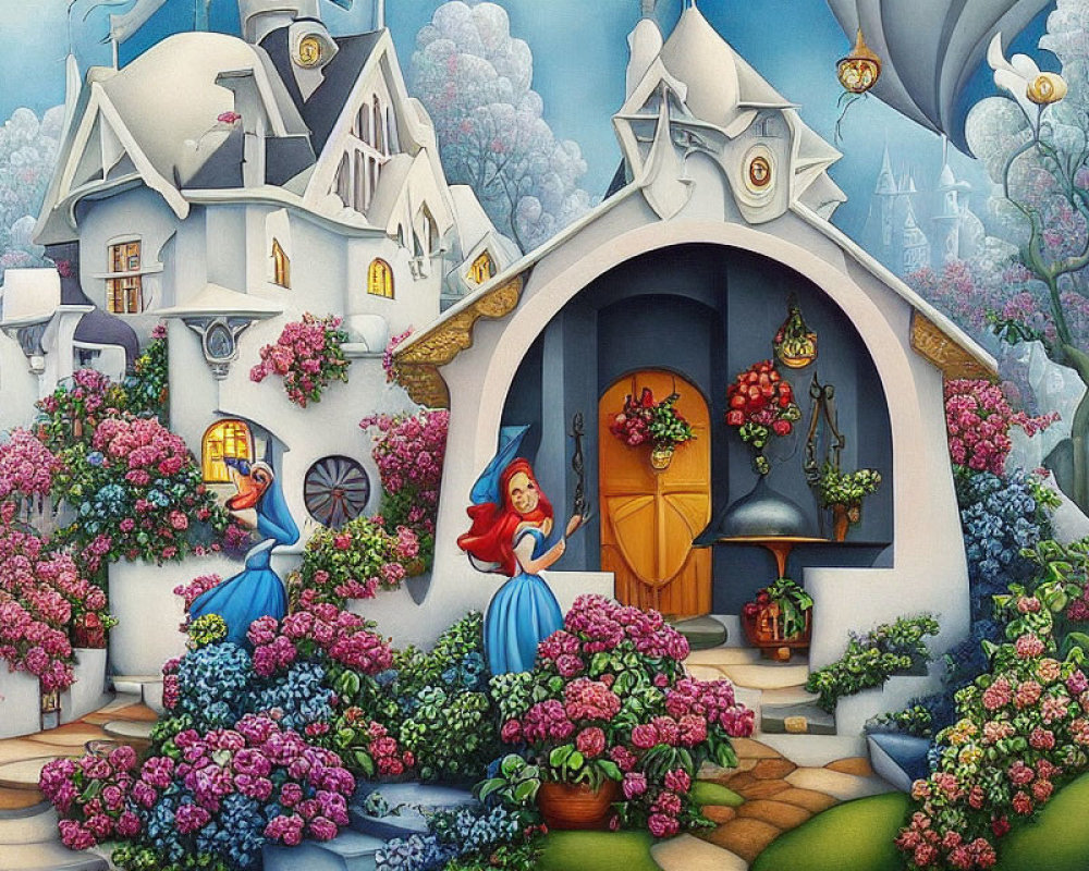 Charming cottage scene with woman, peacock, lanterns, and balloons