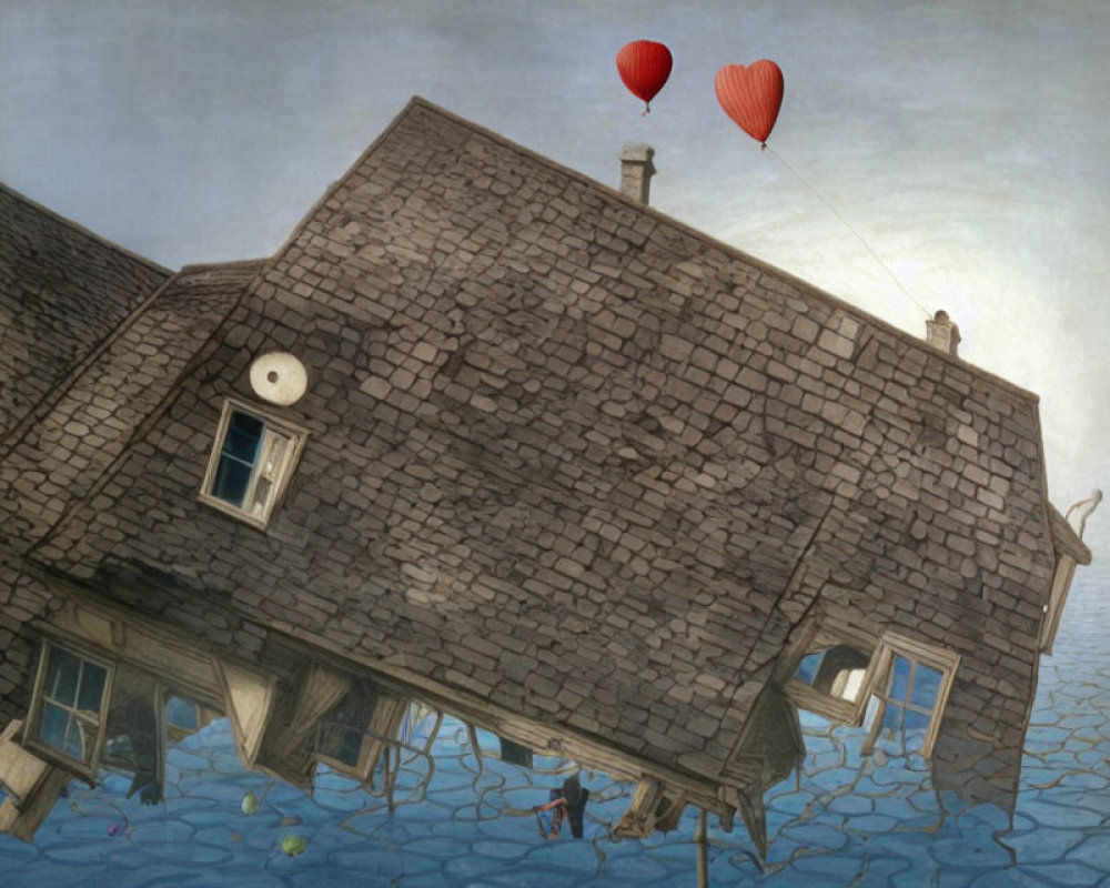 Whimsical painting of crooked house with heart-shaped balloons in cloudy sky