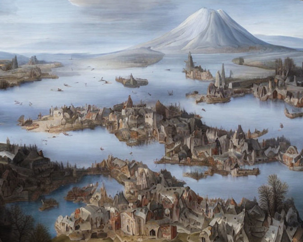 Detailed Medieval Village Landscape with Snow-Capped Volcano