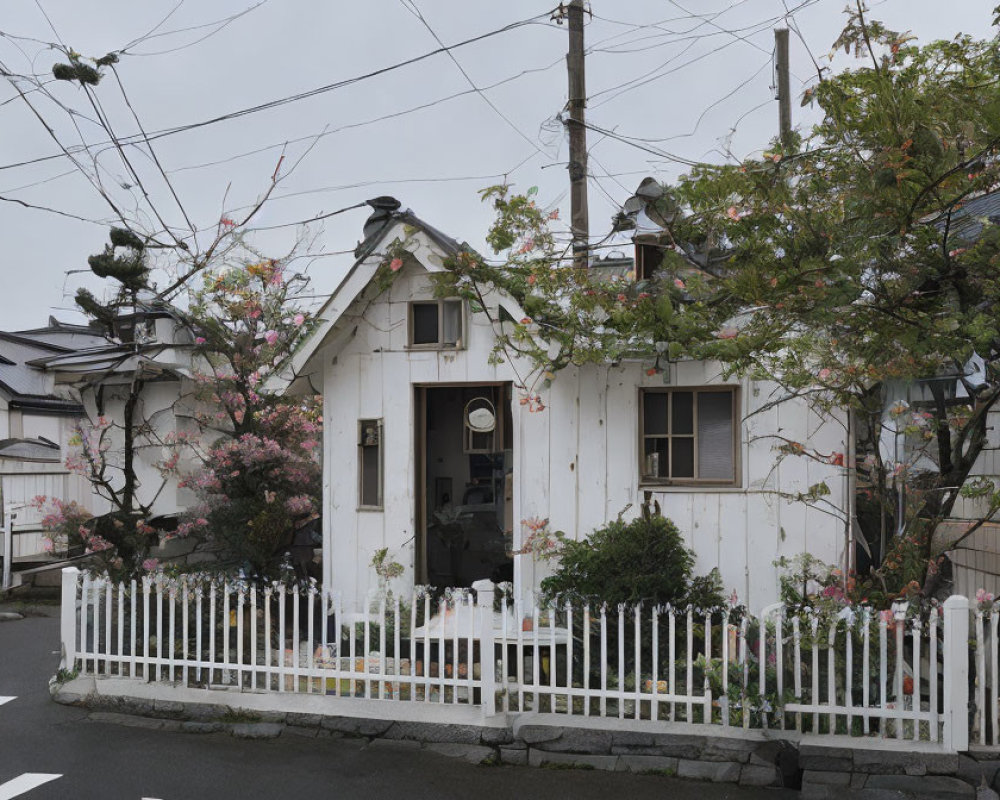 White House with Picket Fence Surrounded by Pink Trees in Serene Neighborhood